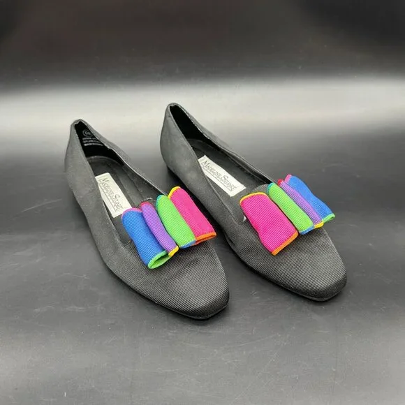 Vintage Womens Flats Shoes Madeline Stuart 1990s Size 6 Black Colorful Bow - Picture 1 of 11